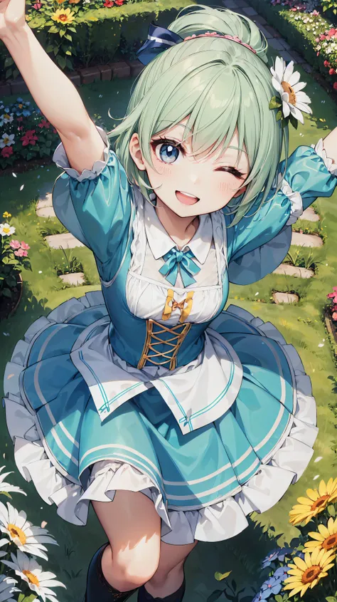 Chiemseer Dirndl Tracht, KAWAII, (happy smile, one eye closed), open mouth, looking at viewer, from above, (((perfect anatomy))), (((perfect hand))), ((reaching arm)), garden,