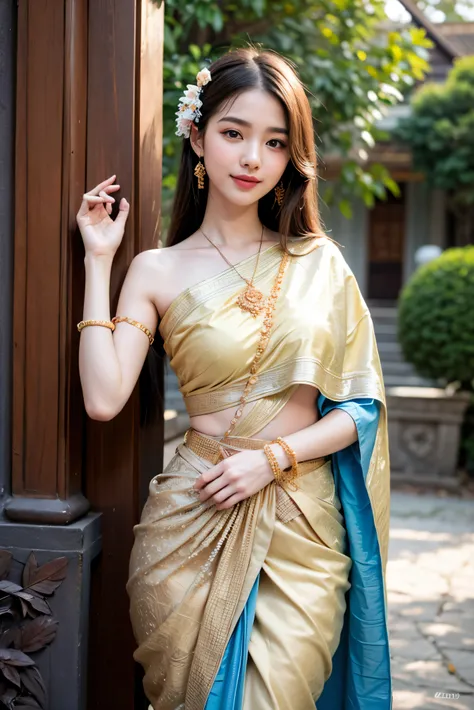 8K, ultra high detailed, an thai girl, cute face, happy, long hair, impressive hairstyle, detailed eyes, detailed lips, indian clothes, saree, golden saree, lace, wearing jewellery, nature background, flowers, afternoon, shadow, clear weather, whole body c...