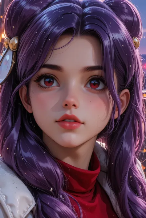  Hyper realistic image , the highest details,  a girl,4k, shampoo, wavy hair, bright colors ,(purple hair, long hair,   purple hair ,  Doble bollo, periphery,   hair ornament , hair bell ,  side locks,  purple hair ),  long hair,(realistic color eyes ),(re...