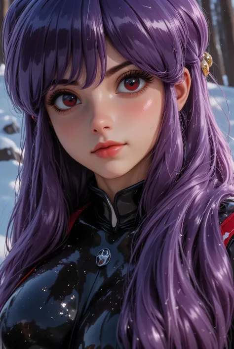  Hyper realistic image , the highest details,  a girl,4k, shampoo, wavy hair, bright colors ,(purple hair, long hair,   purple hair ,  Doble bollo, periphery,   hair ornament , hair bell ,  side locks,  purple hair ),  long hair,(realistic color eyes ),(re...