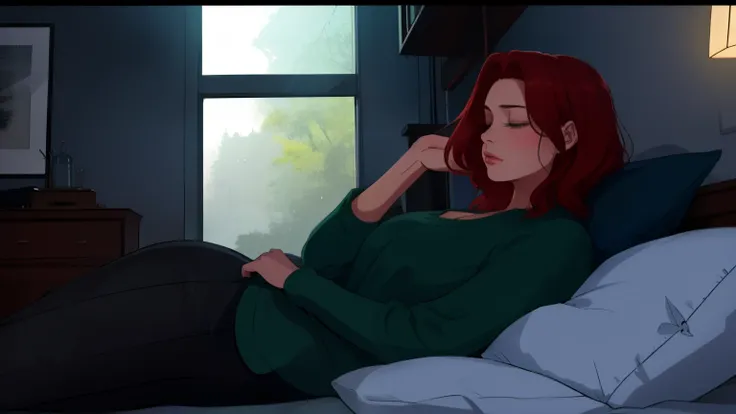 "A cozy and cinematic bedroom with a dark, rainy atmosphere. The room is illuminated by moody neon lights in shades of deep purple and soft green, casting a mysterious and calming glow on the walls. A woman with short auburn red hair is lying on her back o...