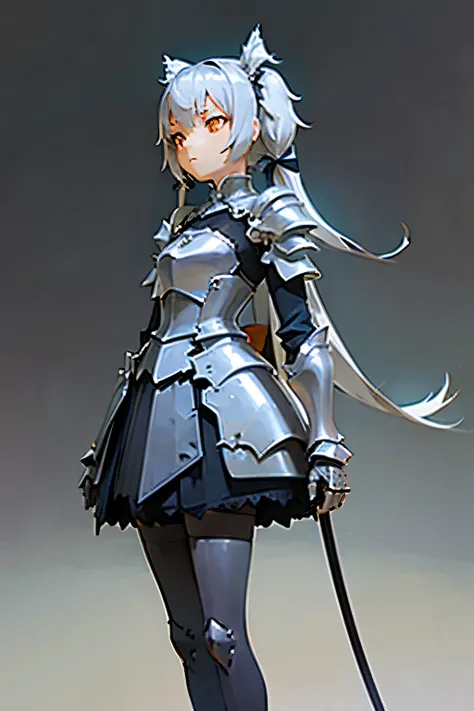 solo girl, silver skin, silver two pigtails hair, two blue bows, orange eyes, armored dress, black stockings, gray background, emotionless, stands flat