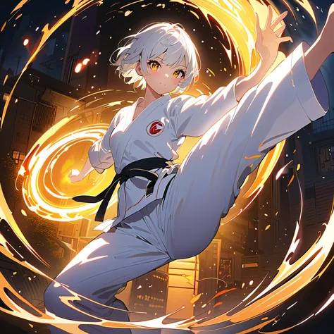 A young martial artist with short white hair, glowing golden eyes, wearing a traditional white karate gi with a black belt, performing a high kick. She is surrounded by a dynamic, glowing water circle that radiates energy, creating a vivid and intense atmo...