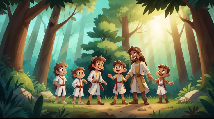 Jesus in a white robe with a red belt smiling with 5 boys and girls following him in the wilderness