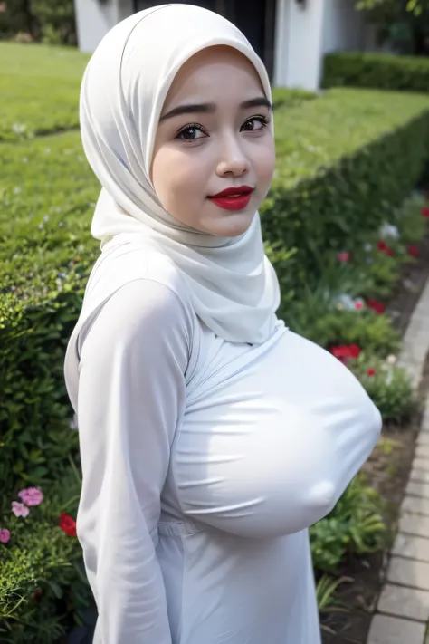 (Strapless dress), Chubby adorable, 2 girl, (face to face), ************, baby face, happy, half body portrait, (face details: 1), (eye details: 1), ((big breasts)). wearing transparent transparency soft soft long shirt, ((memakai hijab putih)), .. Cute po...