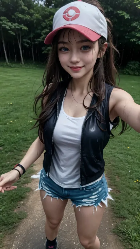 ( masterpiece, better quality, Detailed ), 1 girl, Alone, greeting, looking at the camera , pokemon hilda, high ponytail , long hair, Blue eyes, baseball cap, vest, denim shorts, camisa blanca, medium breasts, shorts cortos, sleeveless shirt, black ...