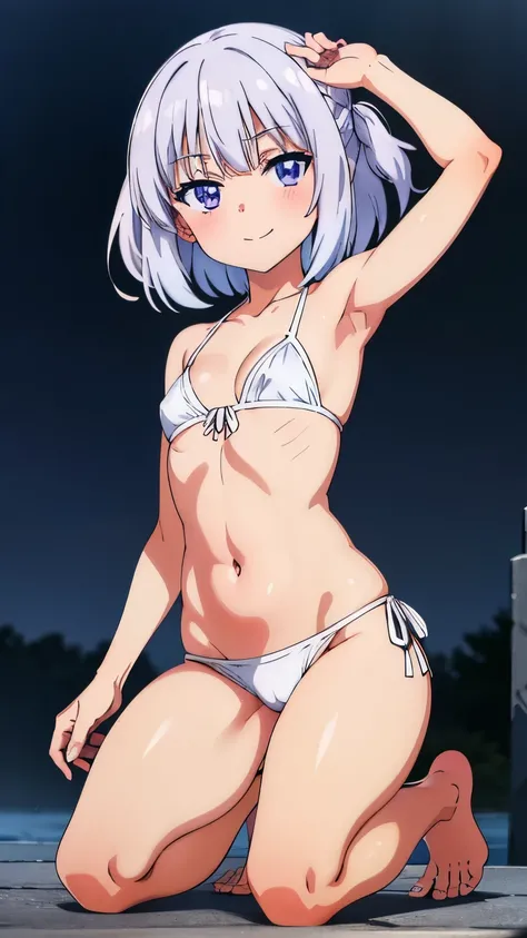 short girl, 1girl, anime artstyle, masterpiece, highres, solo, 8k, detailed, perfect face, best quality, (ultra high quality), (looking at viewers), (armpit), collarbone, bare arms, bare shoulders, small breast, cleavage, silver hair, violet eyes, belly, s...