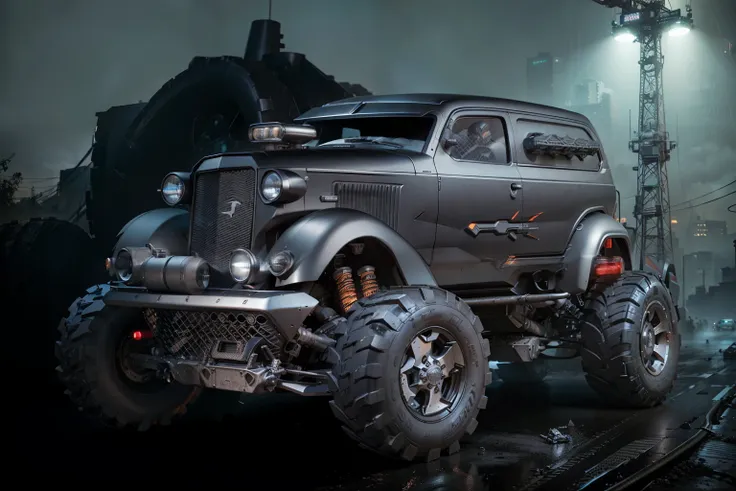 there is a very large truck with big tires on it, badass batmobile car design, 3 d octane render conceptart, vehicle concept photo!!, rolands zilvinskis 3d render art, octane photoreal 3 d render, bladerunner car, futuristic dieselpunk street, zbrush 3 d r...