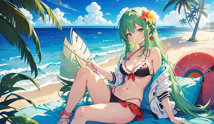 a woman smilling in a bikini sitting on a beach next to palm trees, an anime drawing by Krenz Cushart, featured on pixiv, conceptual art, splash art anime loli, seductive anime girl, goddess of summer, high quality anime artstyle, anime wallpaper, anime be...