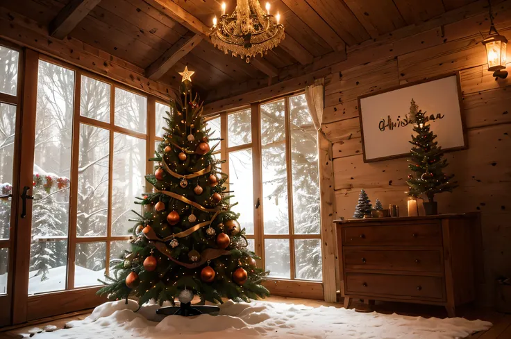 Christmas atmosphere photo studio background inside a wooden cabin, cozy atmosphere with Christmas tree details, falling snowflakes, Christmas colored lights, Christmas flower circle hanging on the wall and other decorative elements with Christmas allusion...