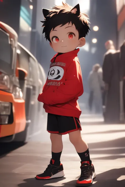  three-quarter view ，shota，red sweatshirt with black ,  red hair， small ren ，red eyes，fox ear ，fox tails， beautiful， to stand， Masterpieces，  high resolution ，8K， detailed background Town house，Libido boy，Alone， black shorts ,comfortable bed ,  at night an...