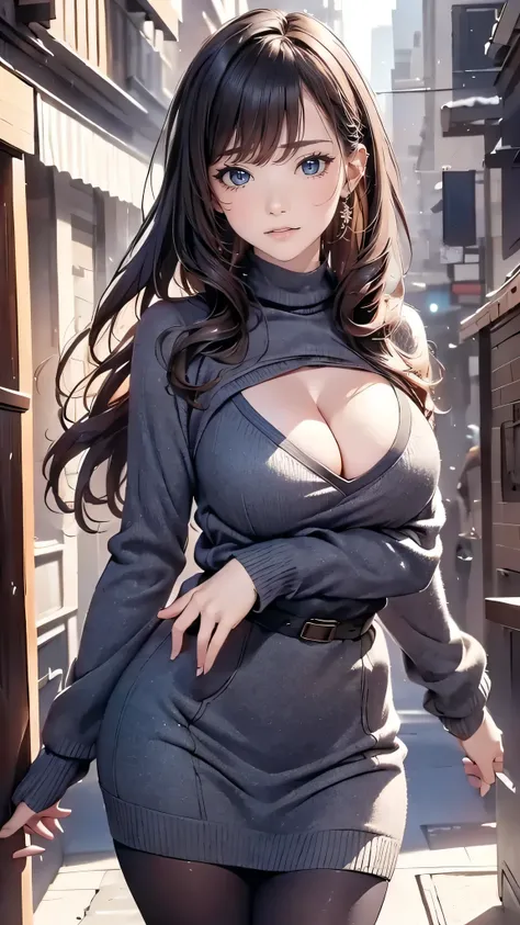 a girl in winter clothes, long sweater, skirt, short, pantyhose, medium breasts, cleavage, cityscape, flirtatious look, ((very detailed)), (perfectly detailed face), (well detailed hand) photorealistic image.