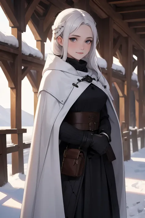  Young Girl. Sara Snow . snow. pale skin.  Practical clothing covered with leather. Winterfell.  Pure Black Hair .  gray eyes . Wolf skins. Middle Ages. Stark Family . smile. . Warm clothes. Wolf clothes