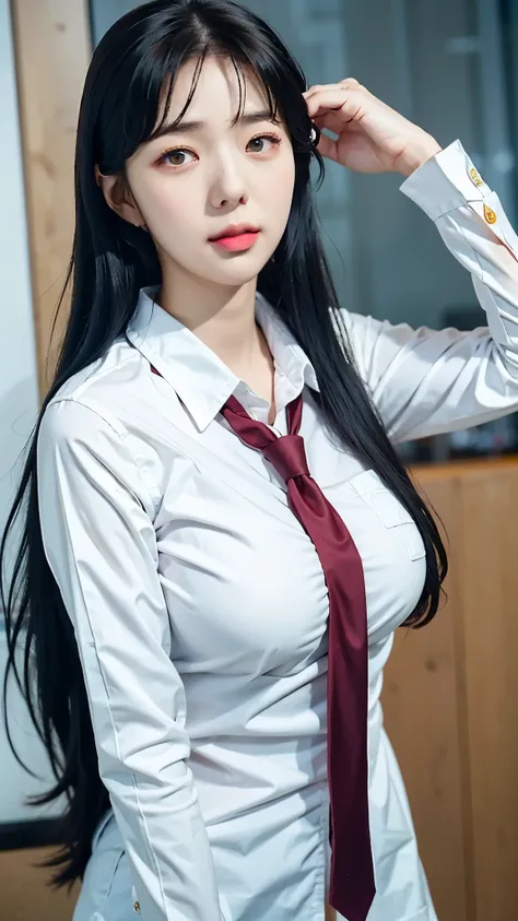 realistic girl with long black hair and a white shirt and red tie, seductive anime girl, from girls frontline, realistic schoolgirl, a hyperrealistic schoolgirl, gapmoe yandere, hyperrealistic schoolgirl, kantai collection style, beautiful anime high schoo...