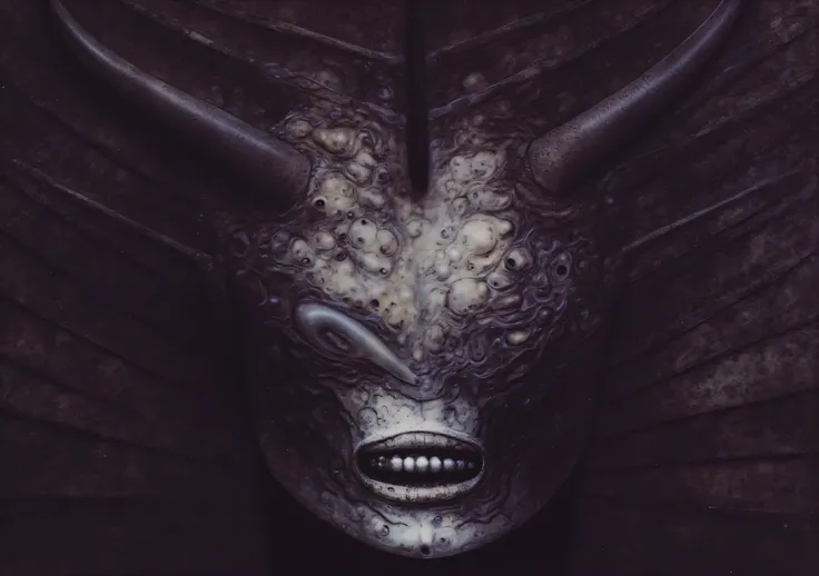 H. R. Gigers g1g3r, , Giger_style, , The image is a detailed view of H.R. Gigers " Li II " plate, featuring HRGGR, H.R. GIGER. g1g3r 3t3rn1ty,alien creature, dark alien architecture machine (best quality:1.4). Gigers biomechanical tableau features a clo...