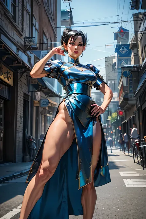 top quality , highest resolution,(((blue china dress with metallic luster Shiny Black Hair ))) Chunli Around town athletic