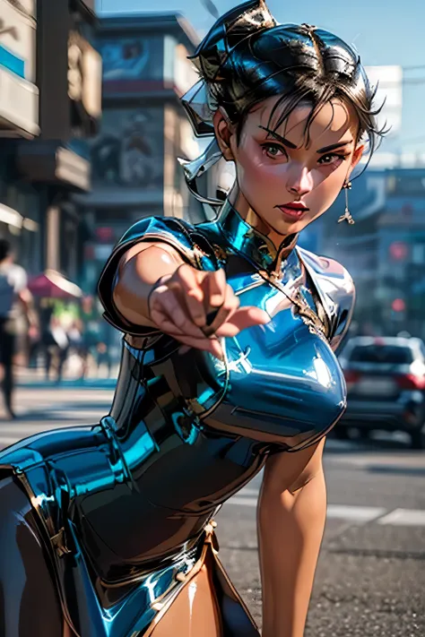 top quality , highest resolution,(((metallic shiny latex blue china dress Shiny Black Hair ))) Chunli Around town athletic