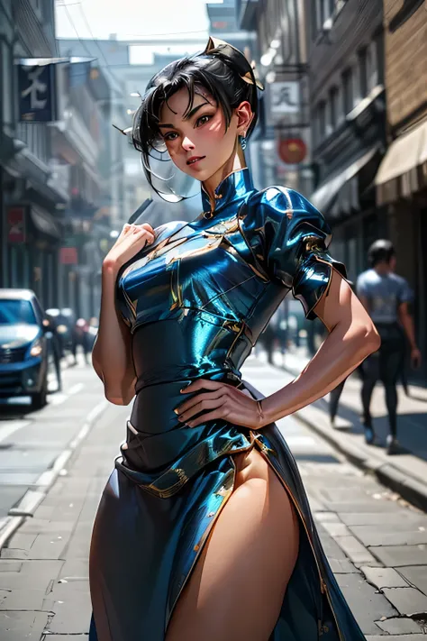 top quality , highest resolution,(((blue china dress with metallic luster Shiny Black Hair 16k))) Chunli Around town athletic