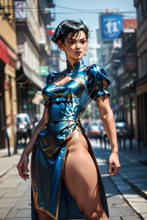 top quality , highest resolution,(((blue china dress with metallic luster Shiny Black Hair 16k))) Chunli Around town athletic