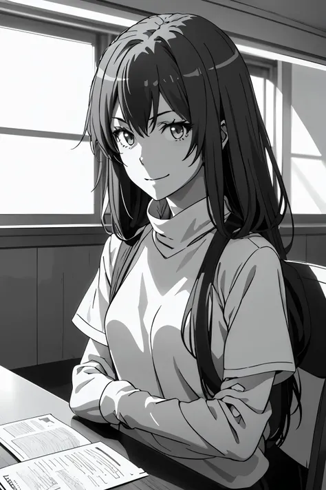 anime girl sitting at a table with her hands folded over her shoulder, cool shading, detailed manga style, black and white manga panel, simple shading, female protagonist 👀 :8, holding a sword on her shoulder, anime shading), roguish smirk, black and white...