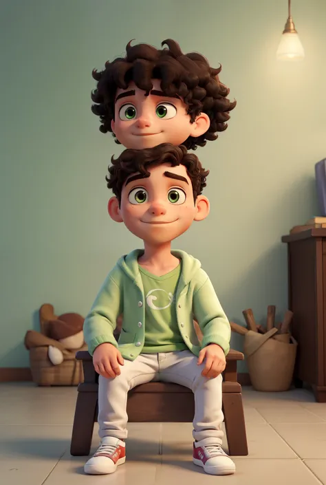 3D render of a  boy named Heyder. He has black curly hair and black eyes, wearing a green cardigan, white jeans, and white sneakers. The boy is sitting down, looking thoughtful and reflective. The character is fully detailed with realistic textures and lig...