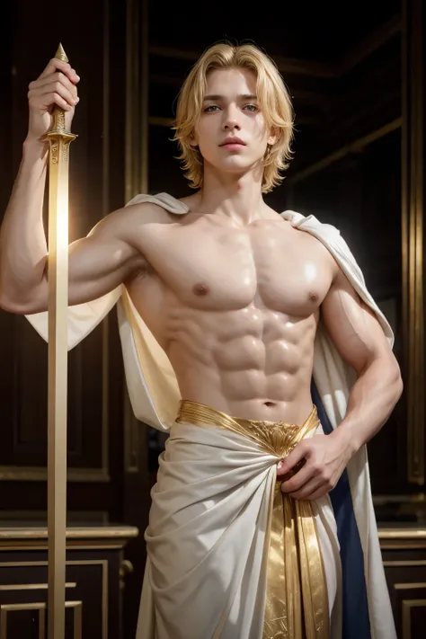 Son of Apollo ,  shoulder-length blonde hair, perfect almond-shaped golden eyes,  athletic body in a Greek pose, white robe dress , gold shoulder pads , Laurel tiara ,  male , rostro  male  y cuadrado,  perfect face, manos perfectas, sword,  cinnamon-skinn...