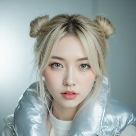 An ultra-realistic and highly conceptual portrait of a stylish AI influencer. She has fair skin, light blonde hair styled in two buns with loose strands framing her face (inspired by the reference style), and vibrant green eyes that captivate the viewer. S...