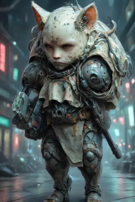 A small, sad-looking kitten standing upright like a person, with big, teary eyes. The kittens expression is full of sadness, and its eyes are glistening with tears. It is carrying a heavy sack of cement on its back, which is large and appears to weigh it d...