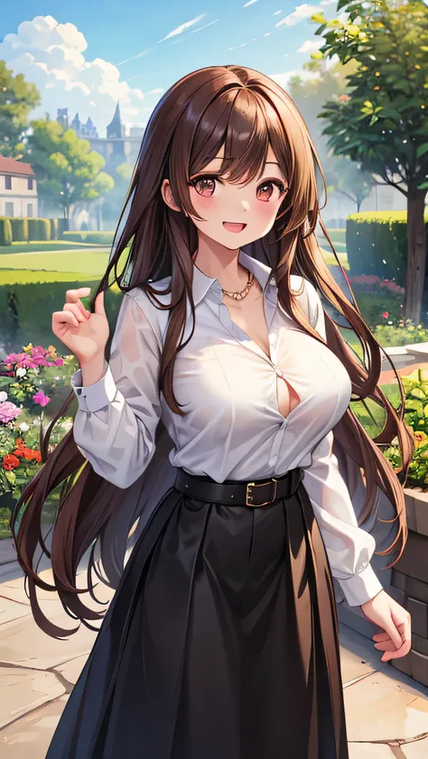 Brown long hair, wearing white opened shirt and long black skirt, laugh, Open collar, circle belt, garden, big tits