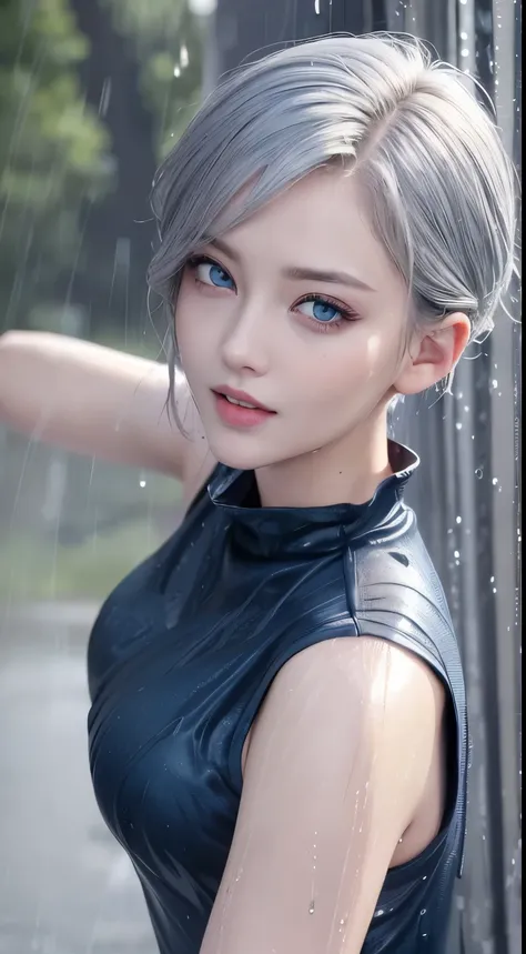 (blue eyes)、embarrassed laughing、(Ash gray hair)、Shorthair、(top-quality、4K、​masterpiece:1.3)、Beautiful Women、1girl in、A sexy:1.1、(rainy wet、wet from the rain、a wet body:1.2)、white tank tops、hyperdetailed face、Detailed lips、A detailed eye、 double eyelids 