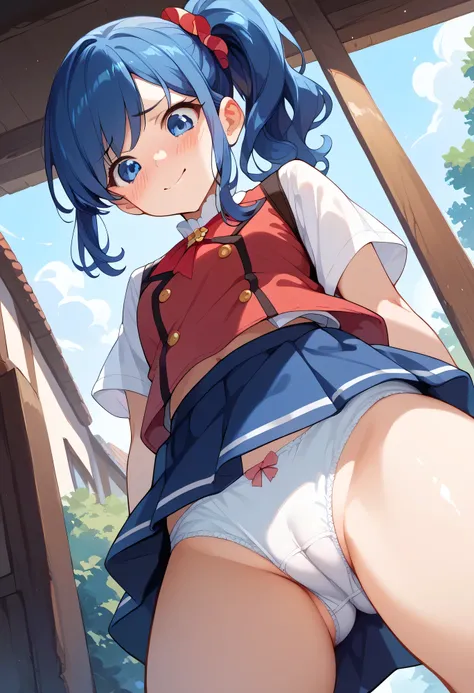 masterpiece, high resolution, highest quality, 8k
( Aoi Kiriya, side ponytail, blue hair, blue eyes,), embarrassed, smiling (skirt up, cute panties, cameltoe,) from below