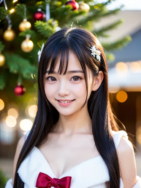 (Best-quality, Masterpiece, Ultra-High-Resolution, (Photorealistic:1.4), Raw Photo, depth of field, professional lighting, perfect anatomy, extremely details), 1girl, 15yo, famous Japanese-idol, in season of christmas, ((extremely realistic face, (lovelies...