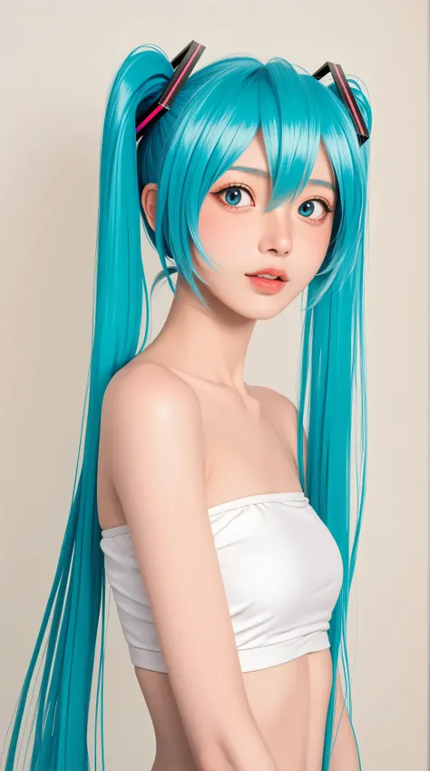 (masterpiece, highres, high resolution:1.2), anime 20 yo girl, hatsune miku from vocaloid, blue hair, blue eyes, portrait, shoulders up, illustration. drawn, blushing, solo, surprised, freckles, big lips, small breasts, perfect body, wearing a tube top, no...