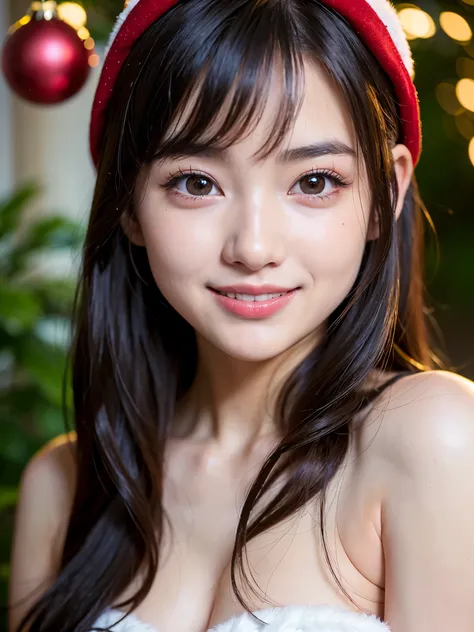 (Best-quality, Masterpiece, Ultra-High-Resolution, (Photorealistic:1.4), Raw Photo, depth of field, professional lighting, perfect anatomy, extremely details), 1girl, 15yo, famous Japanese-idol, at christmas home party, ((extremely realistic face, (lovelie...