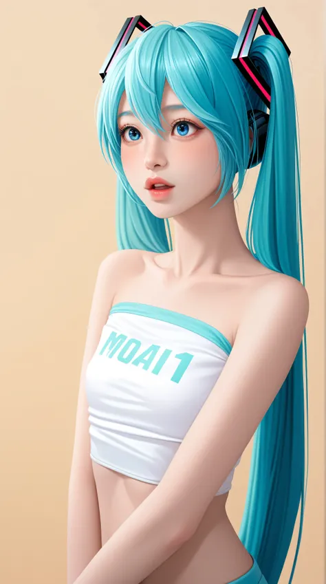 (masterpiece, highres, high resolution:1.2), anime 20 yo girl, hatsune miku from vocaloid, blue hair, blue eyes, portrait, shoulders up, illustration. drawn, blushing, solo, surprised, freckles, big lips, small breasts, perfect body, wearing a tube top, no...