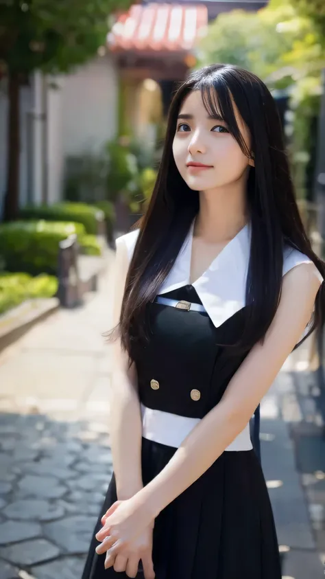 Highest quality,4K,8k,High resolution,masterpiece:1.2,Very detailed,A girl exuding fatigue,long, flowing black hair,Delicate features,Thinking eyes,White skin,Happy expression,Great atmosphere,Wearing a uniform、Gazing into the distance,,Romantic atmosphere...