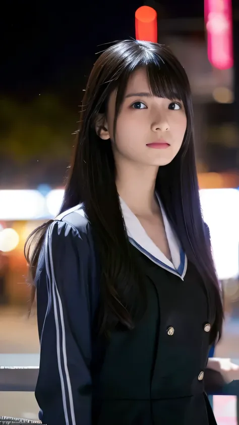 Highest quality,4K,8k,High resolution,masterpiece:1.2,Very detailed,A girl exuding fatigue,long, flowing black hair,Delicate features,Thinking eyes,White skin,Happy expression,Great atmosphere,Wearing a uniform、Gazing into the distance,,Romantic atmosphere...