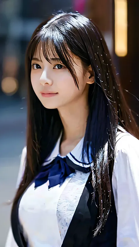 Highest quality,4K,8k,High resolution,masterpiece:1.2,Very detailed,A girl exuding fatigue,long, flowing black hair,Delicate features,Thinking eyes,White skin,Happy expression,Great atmosphere,Wearing a uniform、Gazing into the distance,,Romantic atmosphere...