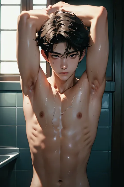 high resolution, realistic, teen boy, A hyper-realistic, dominant boy, Ulzzang boy, gorgeous boy face, skinny body, shirtless, male, sweating wet, armpit