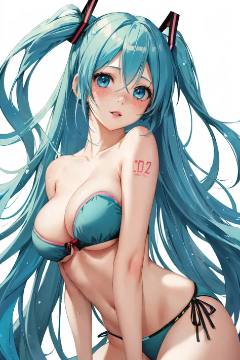 (masterpiece, highres, high resolution:1.2), anime 20 yo girl, hatsune miku from vocaloid, blue hair, blue eyes, portrait, shoulders up, illustration. drawn, blushing, solo, surprised, freckles, big lips, big breasts, perfect body, wearing a tube top, no h...