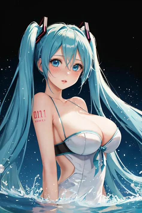 (masterpiece, highres, high resolution:1.2), anime 20 yo girl, hatsune miku from vocaloid, blue hair, blue eyes, portrait, shoulders up, illustration. drawn, blushing, solo, surprised, freckles, big lips, huge breasts, perfect body, wearing a tube top, no ...