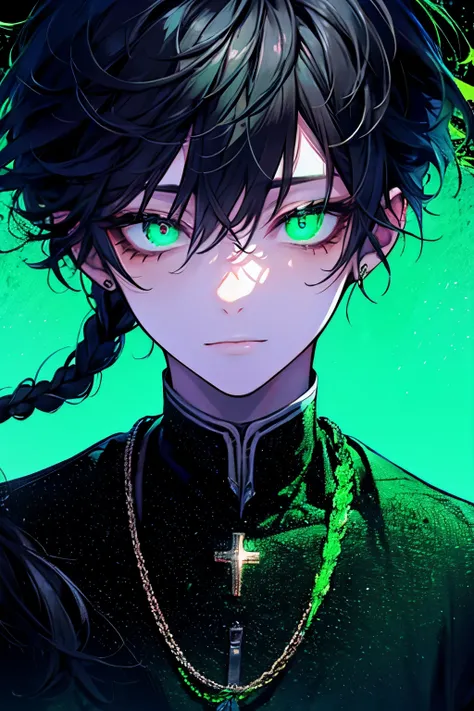 ((male:1.2)),inquiry, masterpiece,  top quality ,   hair with braids,  black hair, ( portrait), Glowing green eyes,Bokeh,church,Prayer, embarrassing, ( close your mouth), perfect hand,A slight smile,