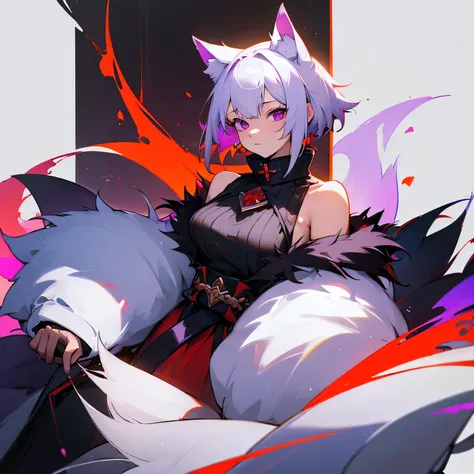 (( High Building)), (( masterpieces )), ( Details), 1 girl, Short white hair,  purple eyes, Multi-tailed Wolf Ears and Tails ,  Off-the-Shoulder Sweater, Black fur coat ,  Red Aura , canine