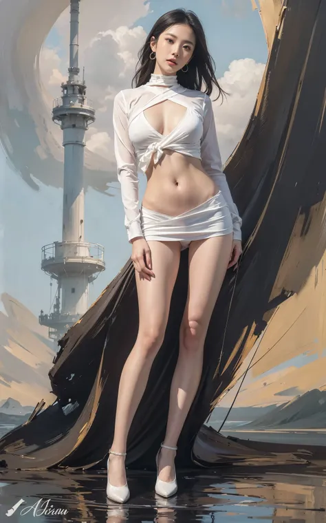 Beautiful Asian woman, white cropped top, white miniskirt, large oil painting background 