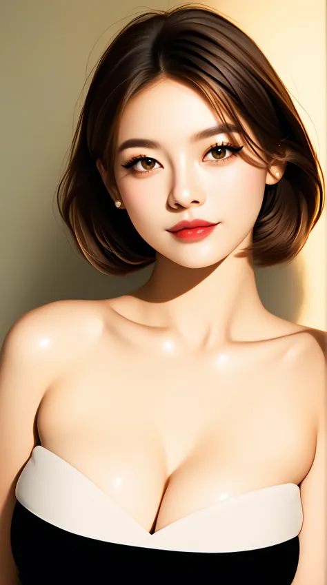 A stunning portrait of an elegant asian woman, showing off her impressive cleavage and curvy buttocks. Her perfectly symmetrical eyes seem to shine under the soft, edge ambient lighting, projecting a warm glow on your hyper-realistic skin texture. 8K DSLR ...