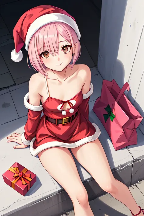 The picture is taken from an angle looking down at her from directly above.
She is sitting in a back alley and looking at the sky,and 
has a big white bag next to her.


An anime-style girl  has pink hair,straight short bob Hair, pink hair and brown eyes, ...