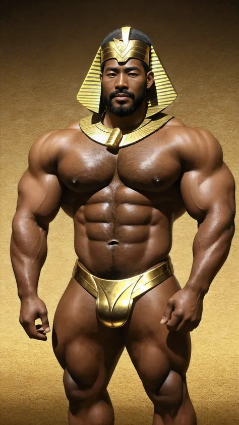 Japanese Men，35 years old，Tall and handsome，Short hair, O-Shaped Beard， Perfect Body, African skin color， Dark Skin ， Muscular ， very large pecs ， very sexy abs ，腿部 Muscular ，Brightens oily skin， super sexy ， Egyptian Pharaoh Outfit ，Egyptian Elements Back...