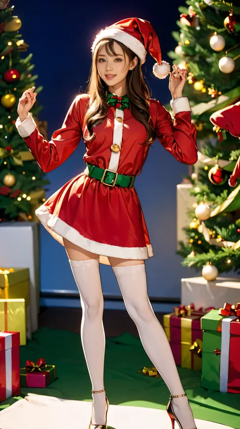 (((   top quality ))),    thin thighs  ，  long legs  ，(   One Girl  :1.3),( Im wearing a long flared skirt dress with white tights and high heels ：1.3),( Santa Claus Mini Flared Skirt Dress :1.5),  Wear Blonde and Curly   :1.2、   beautiful smile:1.5，Skirt ...