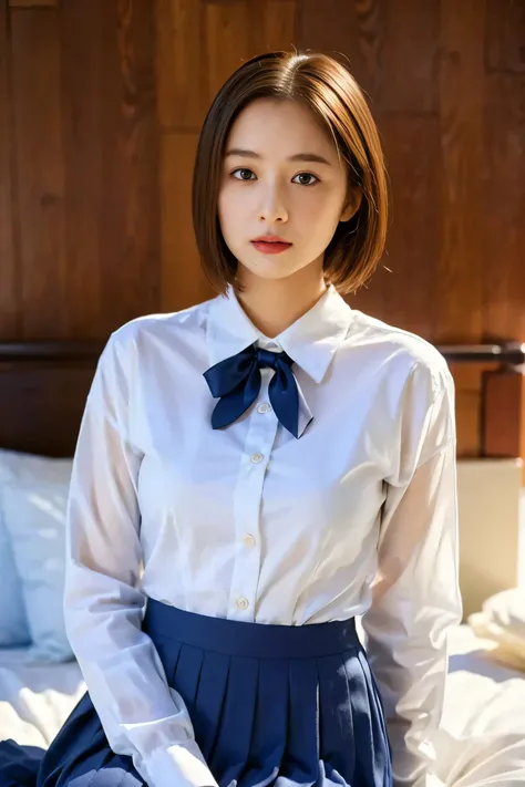 a beautiful young girl with short bob haircut, in her bedroom, spread legs, wearing a navy blue pleated skirt, white dress shirt with long sleeves, bow ribbon, 1girl, detailed face, beautiful detailed eyes, beautiful detailed lips, extremely detailed eyes ...