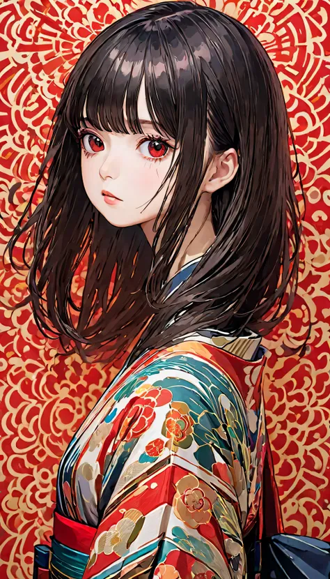Enma Ai, Let your hair down, Hair is black, bangs, Red eyes, masterpiece, highest quality, Super detailed, figure, One girl, alone, High resolution, Realistic, 超High resolution, (Original figure composition), (Limited edition color fusion,Maximalism art st...
